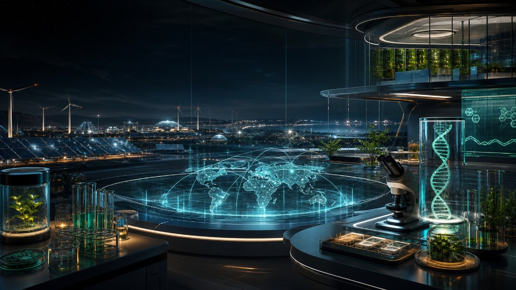 Orlov frontier lab — renewable energy fields, a holographic global network, a microscope and bioluminescent plant cultures, and a glowing DNA helix